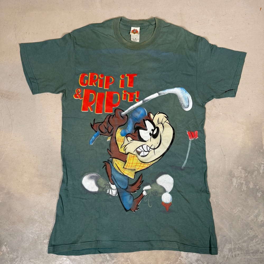 Vintage 1997 Looney Tunes Taz Golf T-Shirt Grip It & Rip It Green Mens Medium